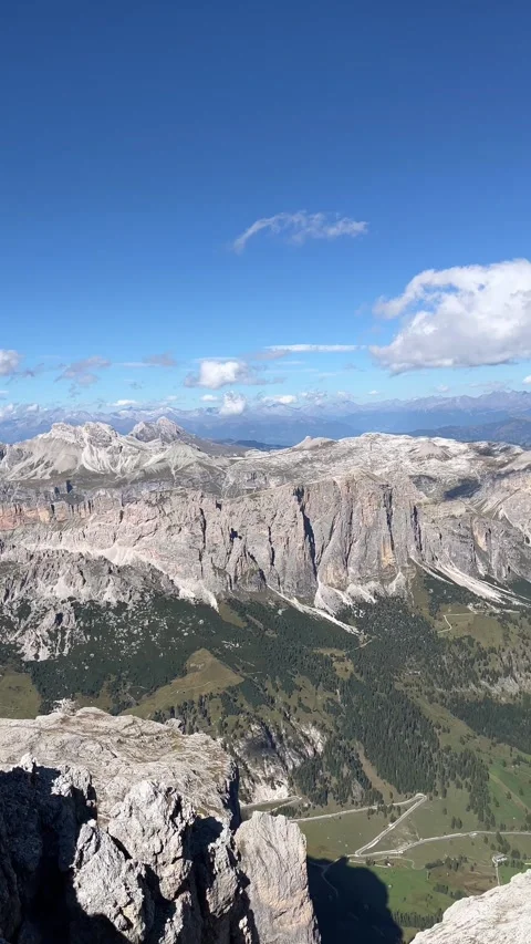 Vertical View from Pisciadu Peak Over Dolomite Mountains, Valley Town Stock Footage 330960949