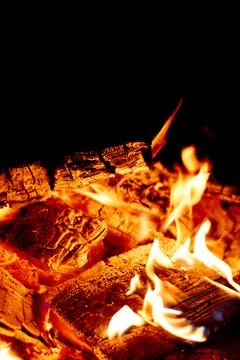 Vertical view of plasma and burning wood and coals in campfire Stock Photos