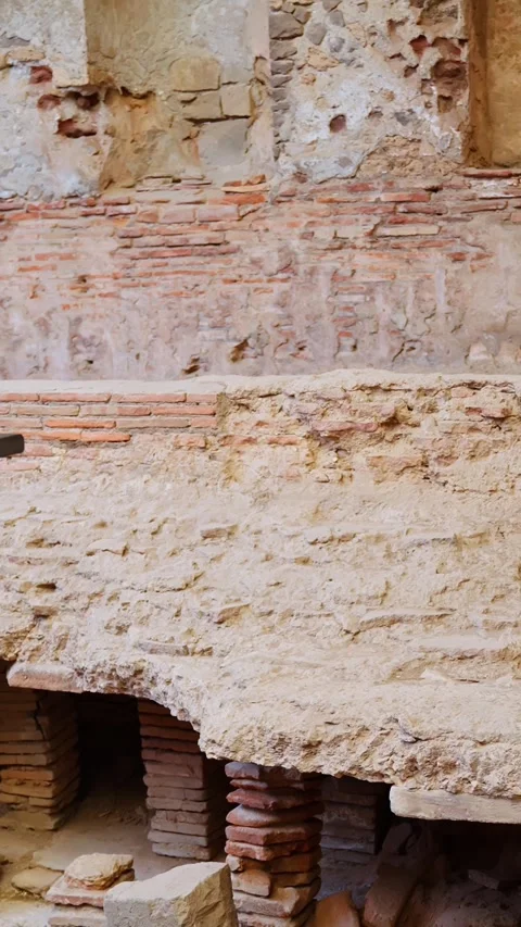 Vertical view of Pompeii’s hypocaust system with pilae tile stacks supporting a Stock Footage 336312234