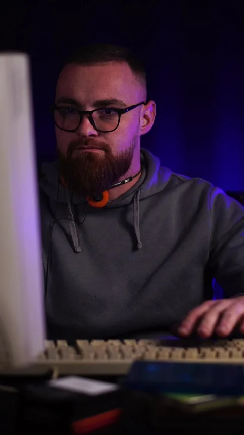 Vertical View of Programmer or Hacker Looking at Monitor Screen of 1990's 스톡 동영상 301540454