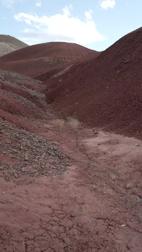 Vertical view of red clay mounds at the Painted Hills in Oregon Stock Footage 346794741
