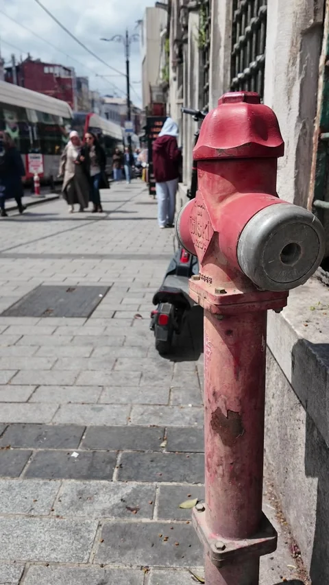 Vertical View: Red Fire Hydrant in Beyazıt Istanbul with Tram 動画素材 333387406