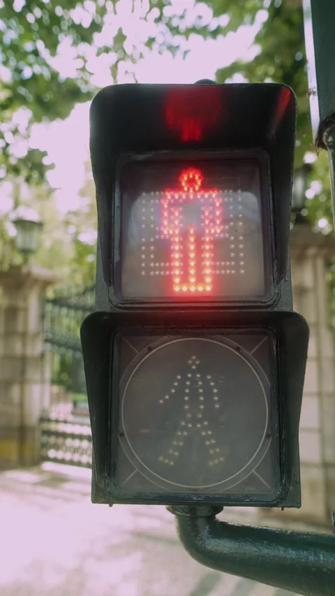 Vertical view of red pedestrian stop light at crosswalk Stock Footage 346485758