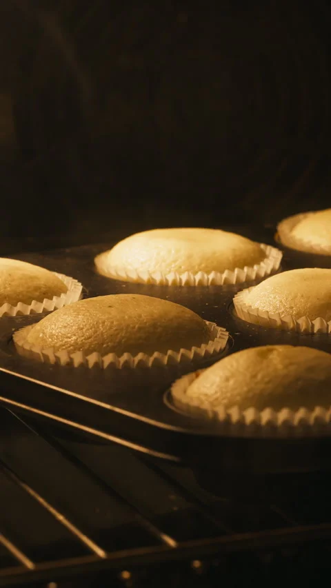 Vertical View Of A Rising Cupcakes Inside The Oven. Timelapse Stock Footage 329004507