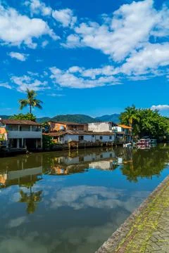 Vertical view of the river landscape in Paraty Stock Photos