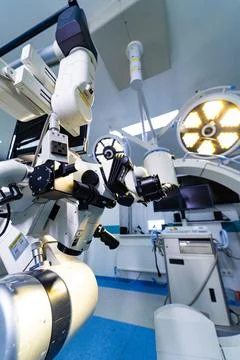 Vertical view of robotic surgical microscope in operating room Stock Photos