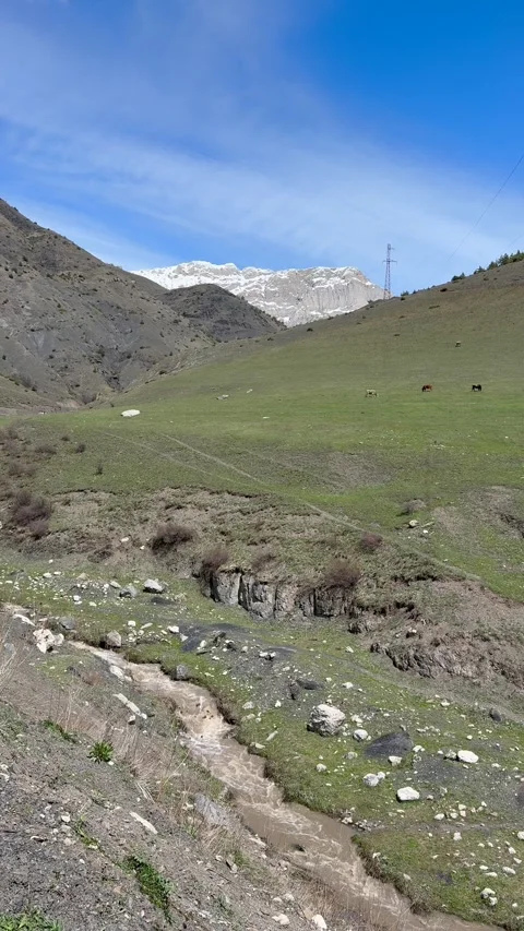 Vertical view of a rocky mountain slope beneath a blue sky in a remote mountain 库存影片 339279382