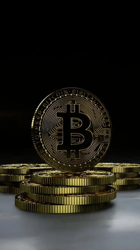 Vertical View of Rotating Golden Bitcoin Coin on Dark Background Stock Footage 346369328