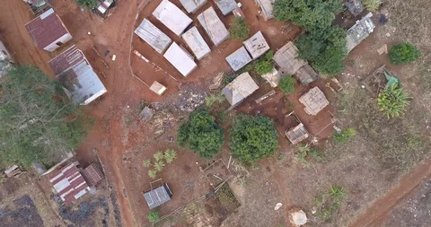 Vertical view of rural settlement with makeshift housing in Southern Africa Stock-Footage 95638560