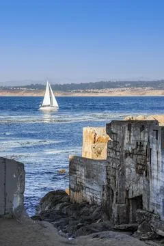 Vertical view of a sailing boat in the Pacific Ocean near Monterey, Californi Stock Photos