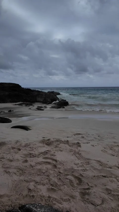 Vertical view of a sandy beach with dark lava rocks and surf in Hawaii Stock-Footage 348731439
