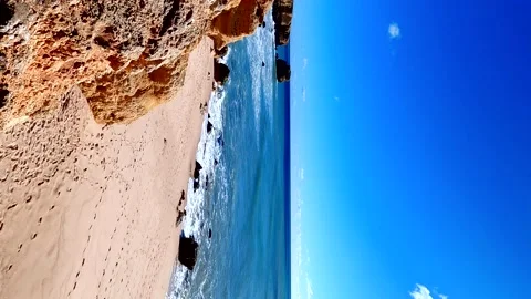 Vertical view of Sao Rafael beach in Winter, Albufeira, Algarve, Portugal Stock Footage 148384718