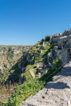 Vertical View of the Sassi of Matera on Blue Sky Background. Matera, South of Stock Photos