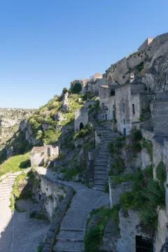 Vertical View of the Sassi of Matera on Blue Sky Background. Matera, South of 스톡 사진
