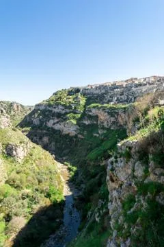 Vertical View of the Sassi of Matera on Blue Sky Background. Matera, South of 库存照片