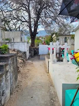 Vertical View of Serene Pathway through a Traditional Mexican Cemetery Stock Photos
