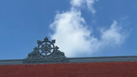 Vertical view shows Buddhist flag moving freely on tall flagpole against clear b Stock Footage 341407867