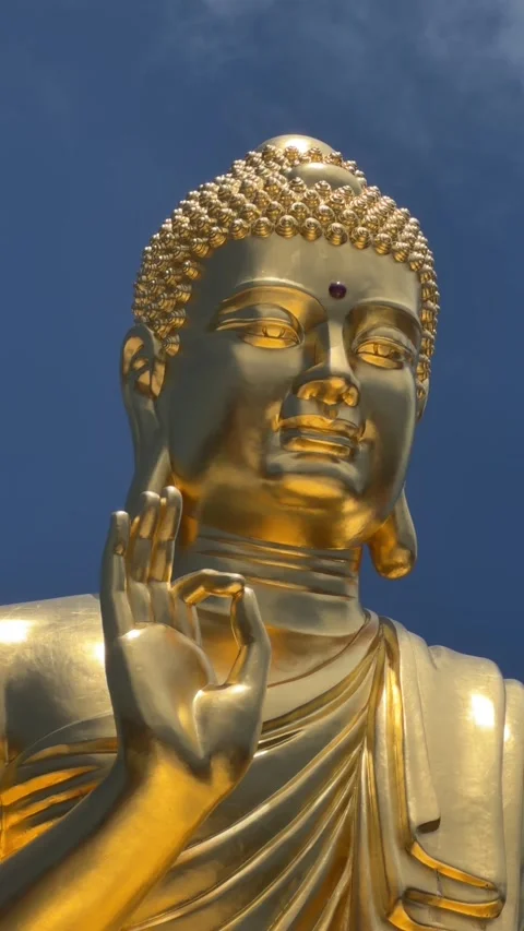 Vertical view shows golden Buddha statue beside colorful religious flag against Stock Footage 335759519