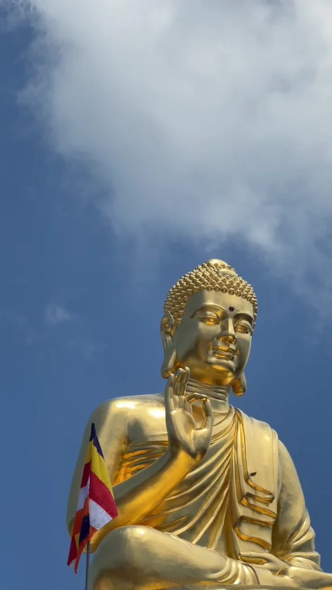 Vertical view shows golden Buddha statue seated on decorated base against cloudy Stock Footage 335940152