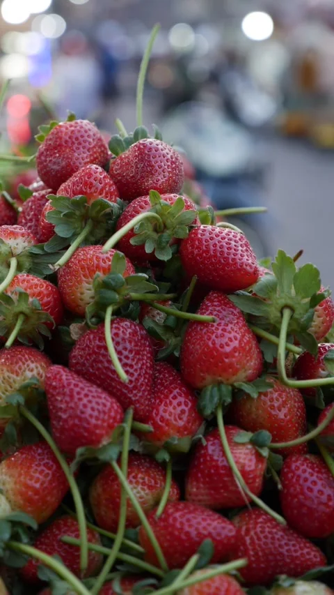 Vertical view shows strawberries stacked high on a selling counter forming a 動画素材 333046524