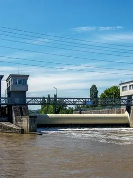 Vertical View of a Small Hydroelectric Weir and Control Buildings Stock Photos