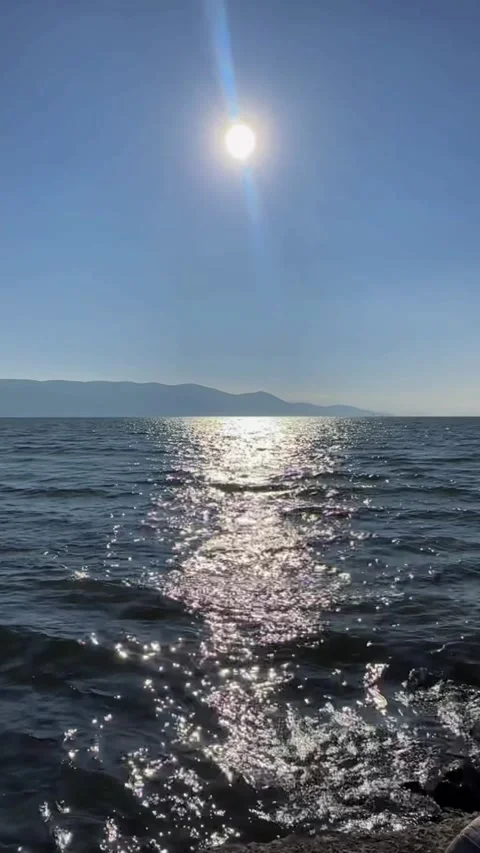 Vertical View of Sparkling Blue Water Surface with Bright Sunlight Reflectio Stock Footage 330145692