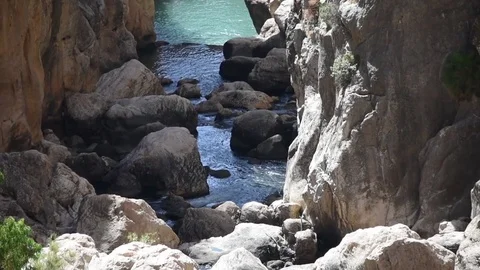 Vertical view of the steep narrow cliffs of the Caminito Del Rey walkway Stock Footage 74425395