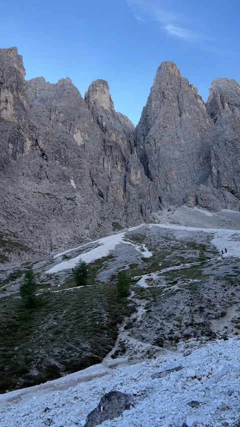 Vertical View of Steep Rocky Mountain Walls in the Dolomites, Italy Stock Footage 330960966