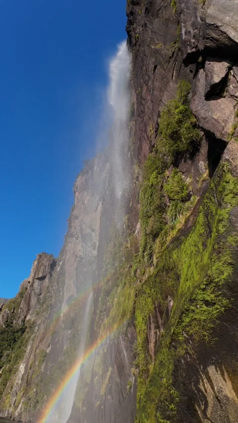 Vertical View of Stirling Falls Rainbow Milford Sound Vídeo Stock 334001572