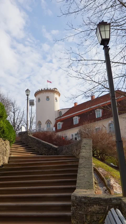 Vertical view of stone stairs leading to a historic castle tower in Cesis Stock Footage 333653409