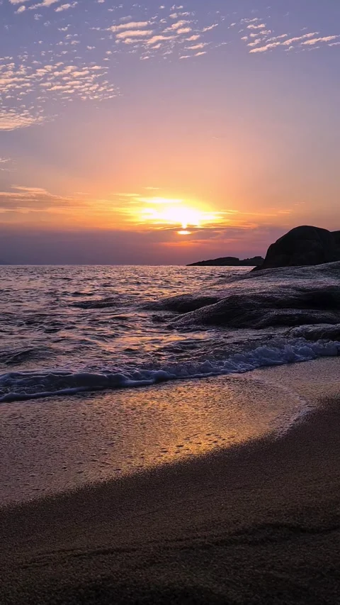 Vertical View, Sunset Above Mediterranean Sea, Beach and Waves Stock Footage 313711545