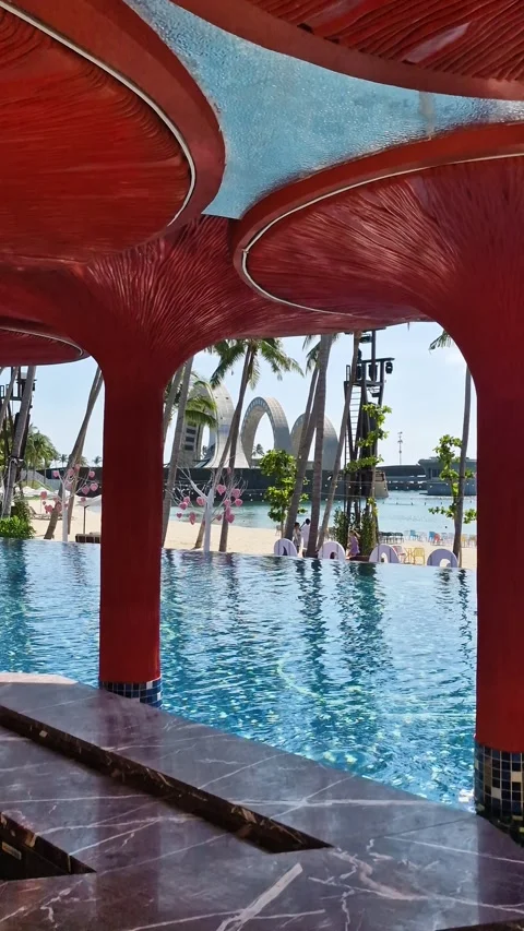 Vertical View of Sunset Beach in Sunset Town, Phu Quoc, Vietnam, Infinity Pool Stock Footage 341512225