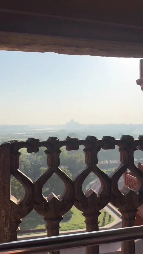 Vertical view of Taj Mahal seen through ornate balcony railing from Agra Fort Vídeo Stock 342968365