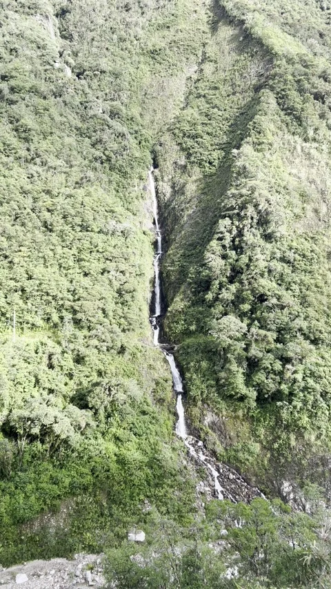 Vertical View of Tall Waterfall Surrounded by Lush Greenery – Salkantay Trail Video stock 310314040