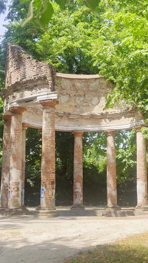 Vertical view of the Tempietto d'Arcadia in Parma's Parco Ducale, an Stock Footage 346260186