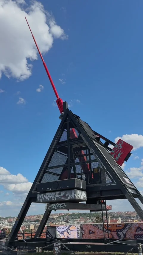 Vertical view of the Time Machine Prague Metronome, a kinetic structure moving Stock Footage 344466905