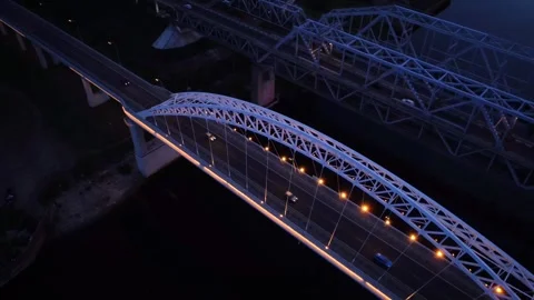 Vertical view from top down. Flying over the road bridge in the late evenin.. Stock Footage 299846289