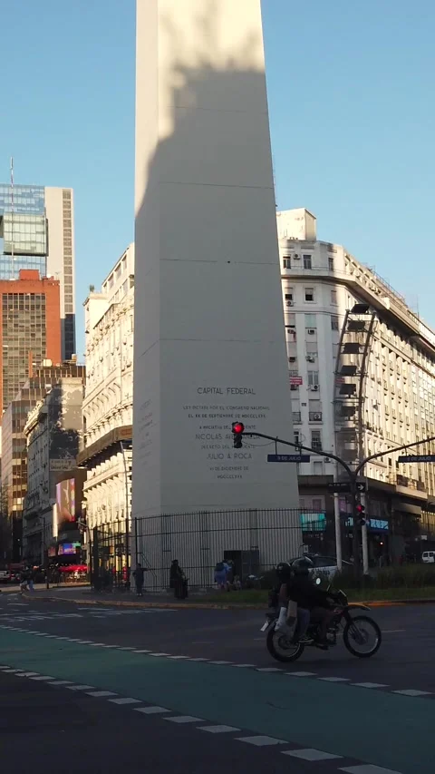 Vertical View of Traffic on Avenida 9 de Julio with Iconic Obelisk and Rooftop Stock Footage 333905919