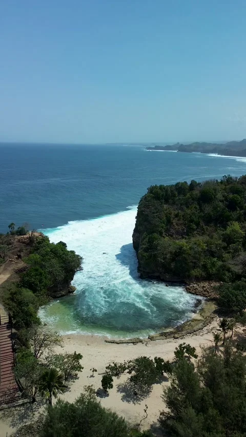 Vertical View of Tropical Shoreline Batu Bengkung Beach August 6 2026 Stock Footage 342836689
