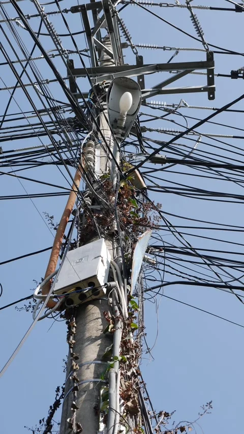 Vertical view of a utility pole with intersecting overhead cables forming a Stock-Footage 332029718