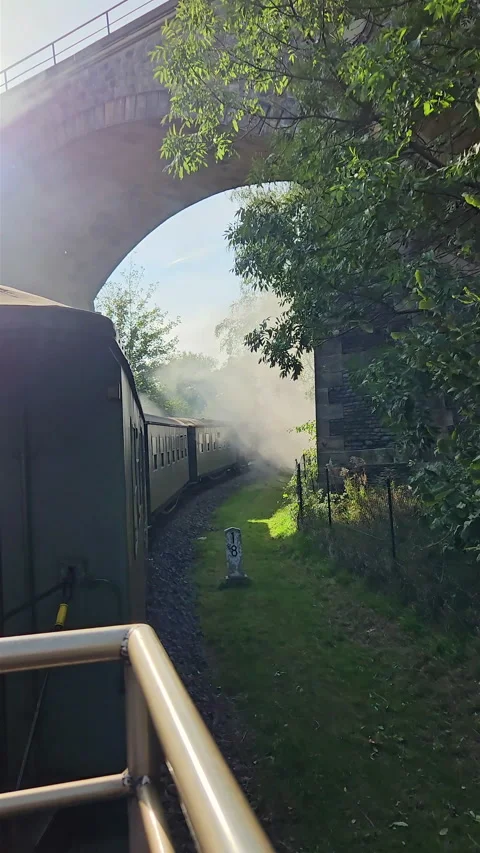 Vertical view of vintage steam train passing under historic stone bridge viaduct 스톡 동영상 348252791