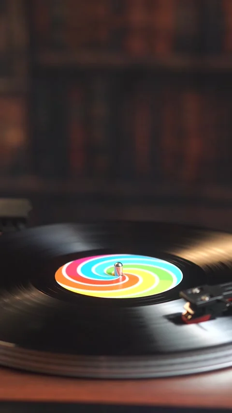 Vertical View of Vinyl Record With Rainbow Sticker Playing on Turntable in Room Stock Footage 337624243