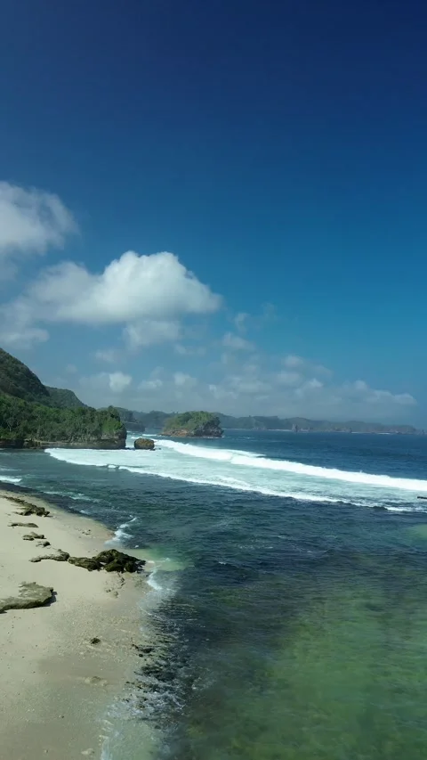 Vertical View Waves at Goa Cina Beach Malang August 4 2026 Stock Footage 342391146
