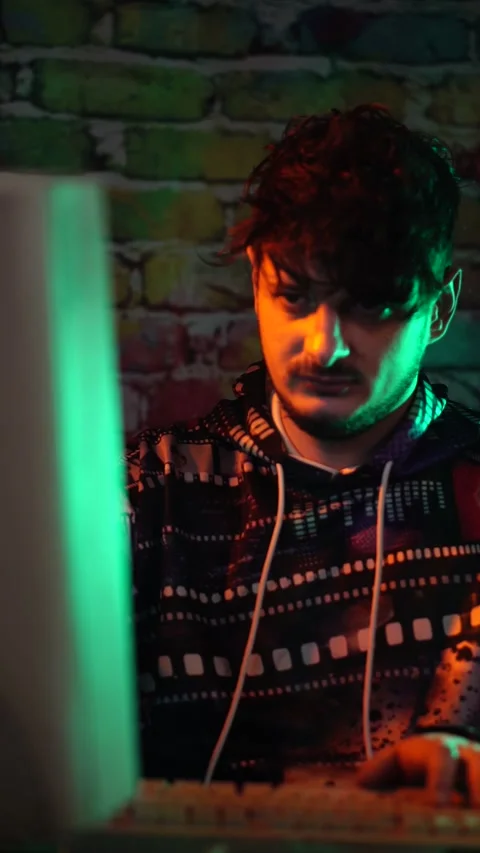 Vertical View, Web Developer or Hacker Working on Computer From 1980's, Close Up Stock Footage 297875424