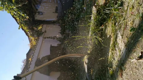 Vertical view weed wacker string trimmer cutting fresh grass Stock Footage 143641982