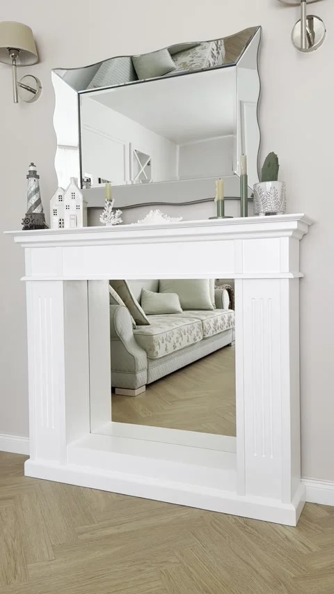 Vertical view of white wooden decorative fireplace mantel in modern interior Vídeos de archivo 342952302
