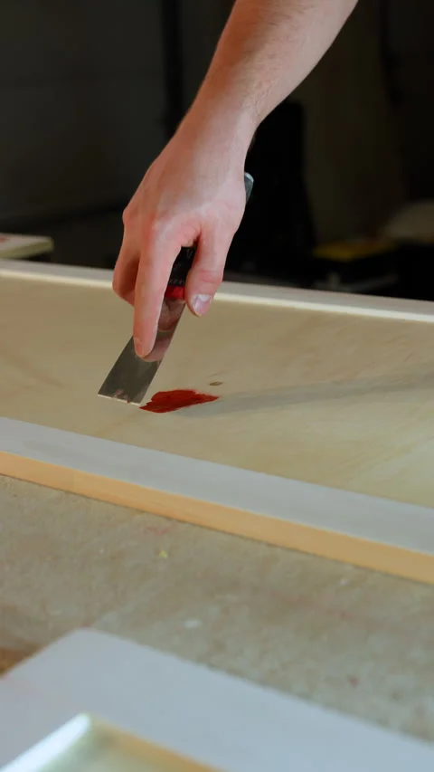 Vertical view of Worker applying wood filler to cabinet frame with a spatula Stock Footage 334024002