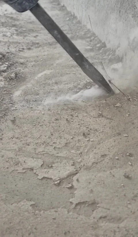 Vertical View Worker Breaking Concrete With Jackhammer 9 16 Stock Footage 336631277