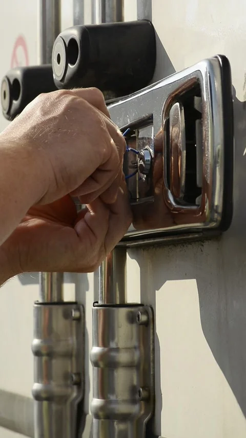 Vertical view of worker hands fixing plastic security tag on truck Stock Footage 341088000