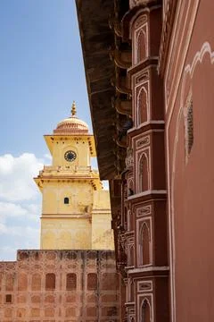 Vertical view of a yellow clock tower Stock Photos